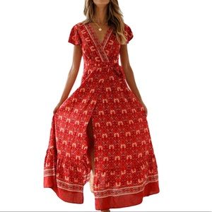 Red patterned boho wrap v neck maxi split dress